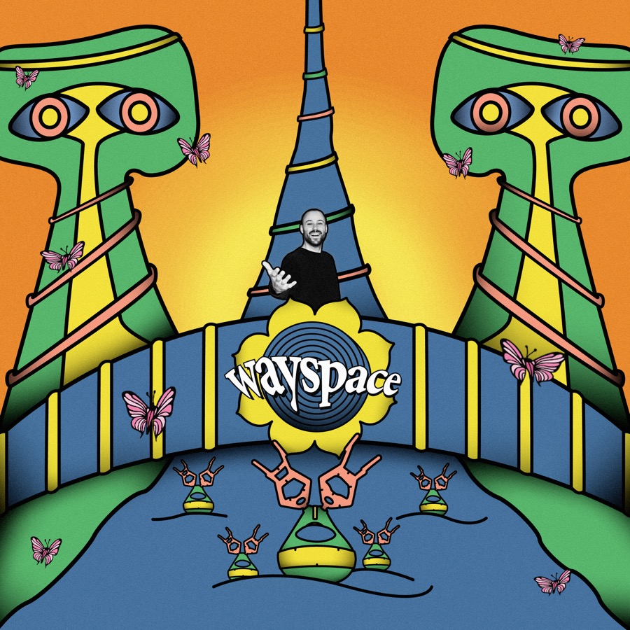 The Wayspace album cover. Two green figures with large eyes flank a blue spire, a bridge crosses a river below, and a yellow flower carries the Wayspace wordmark at the centre.