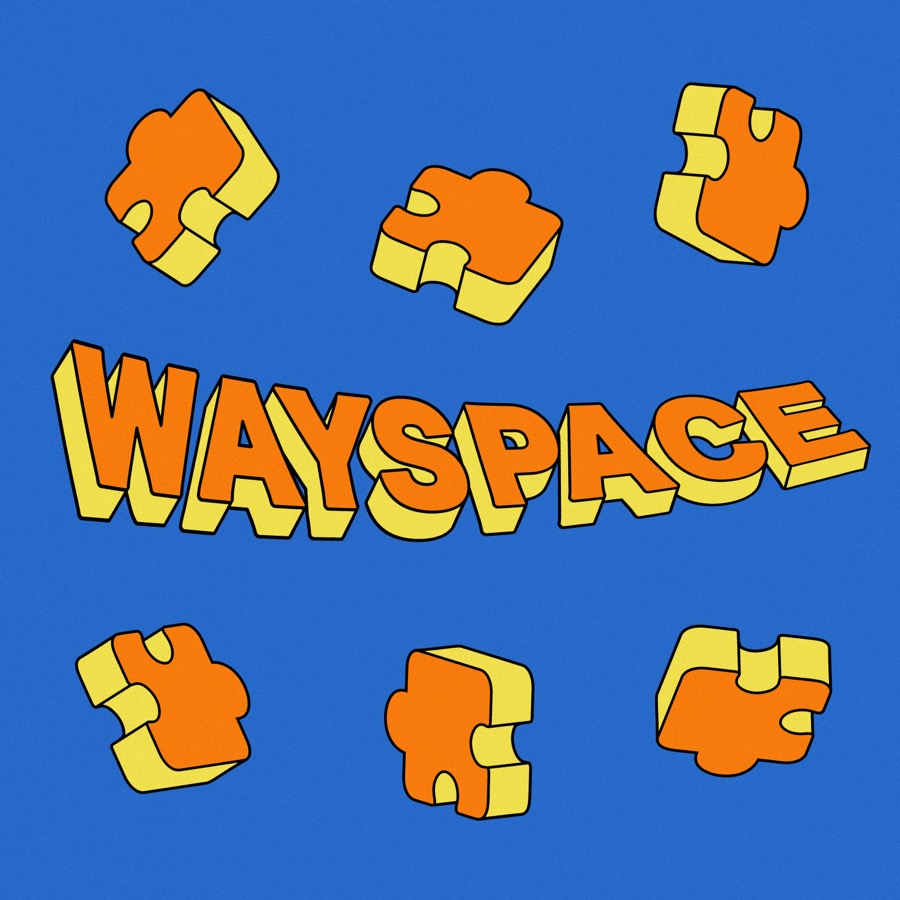 The Wayspace podcast cover. Six orange and yellow puzzle pieces surround the Wayspace wordmark on a flat blue ground.